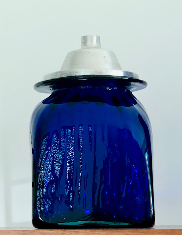 3 apothecary jars in cobalt blue blown glass and aluminum lids, Italy