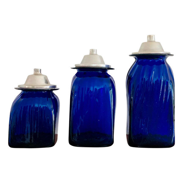 3 apothecary jars in cobalt blue blown glass and aluminum lids, Italy