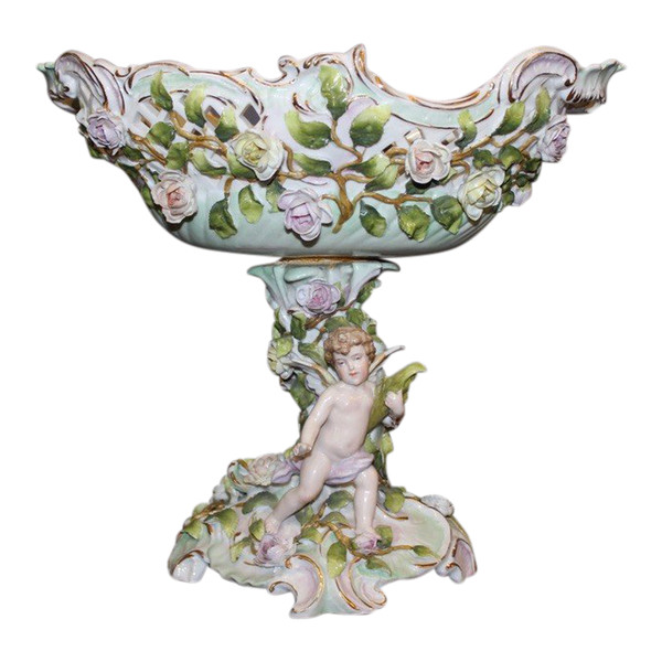 Coupe En Porcelaine à Décor d'Angelot Et De Fleurs Vers 1900