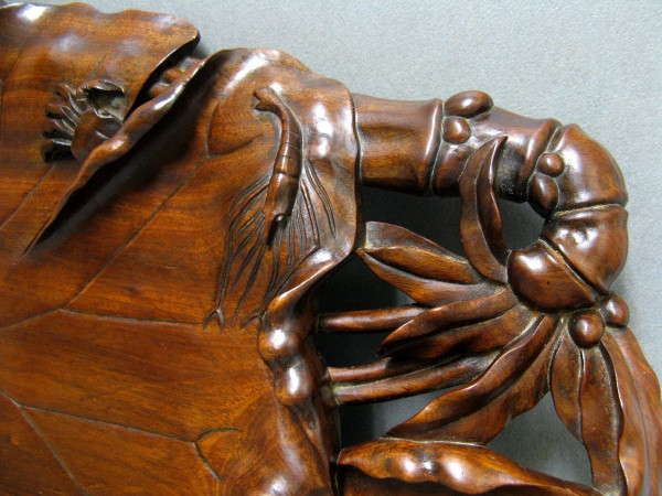 Indochina 19th Century Large Carved Wooden Tray Water Lily Flowers Crab.