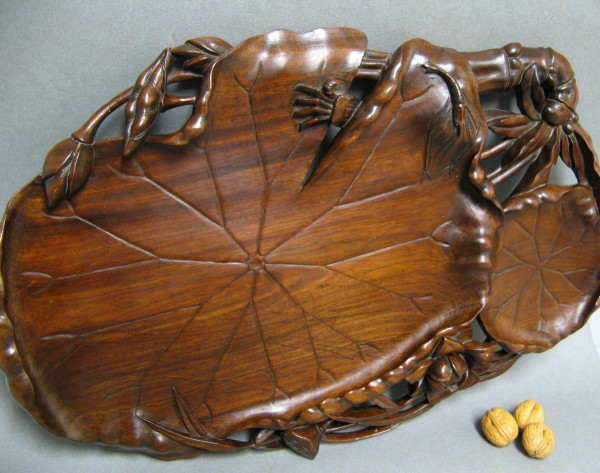 Indochina 19th Century Large Carved Wooden Tray Water Lily Flowers Crab.