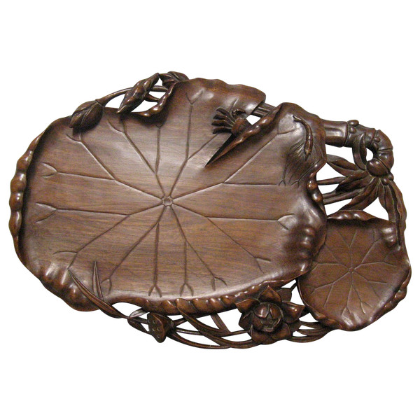 Indochina 19th Century Large Carved Wooden Tray Water Lily Flowers Crab.