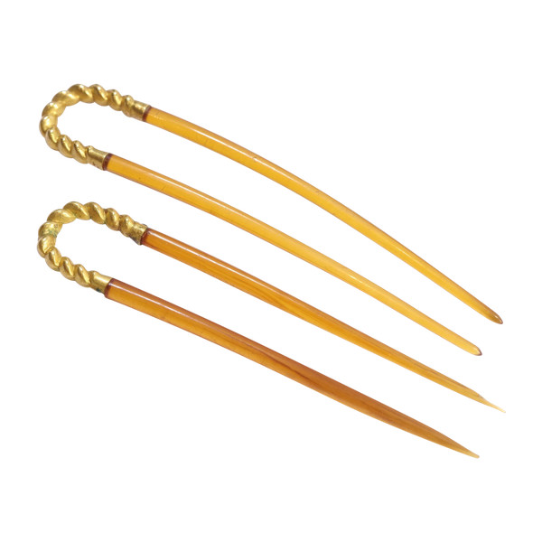 Antique gold wedding hairpins in 18 karats gold and organic material, head jewelry, wedding hairpins