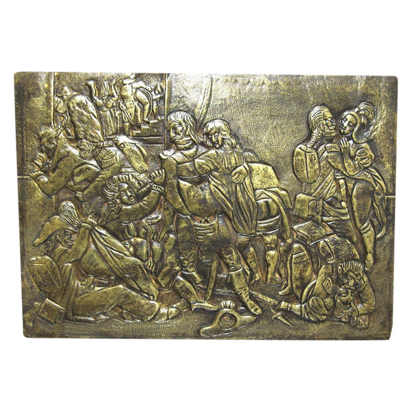 BRONZE PLAQUE REPRESENTING AN EROTIC SCENE, SOLDIERS OF THE GRAND ARMY, 19th CENTURY.