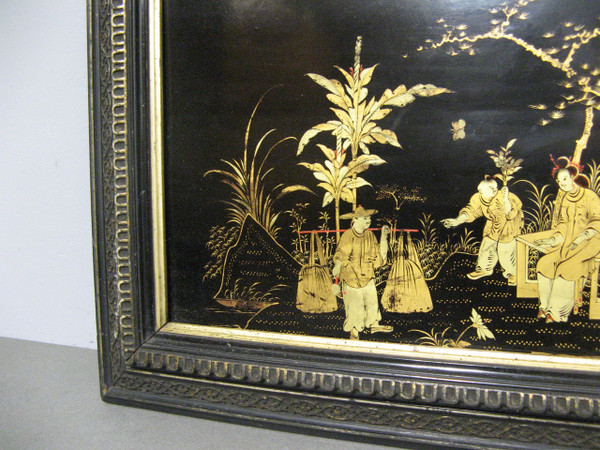 Framed Chinese lacquer and gold panel, Napoleon III period.