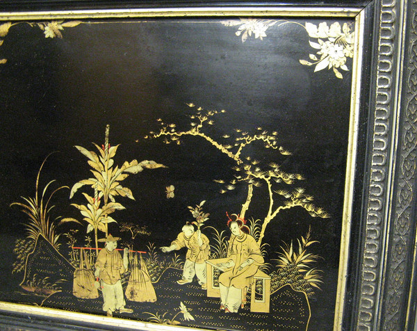 Framed Chinese lacquer and gold panel, Napoleon III period.