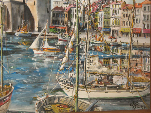 Hafen von La Rochelle, signiert von G.J. Miane, Öl auf Tafel, 20. Jahrhundert