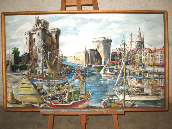 Hafen von La Rochelle, signiert von G.J. Miane, Öl auf Tafel, 20. Jahrhundert