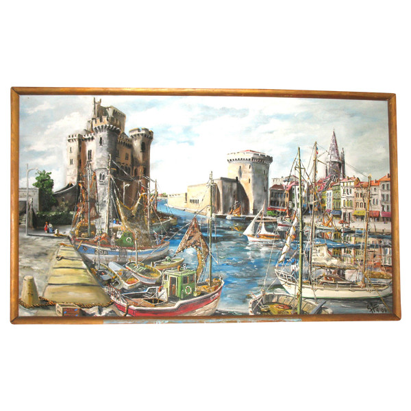 Hafen von La Rochelle, signiert von G.J. Miane, Öl auf Tafel, 20. Jahrhundert