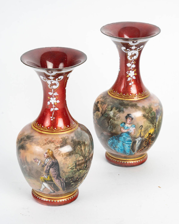 A pair of enamel vases, late 19th century