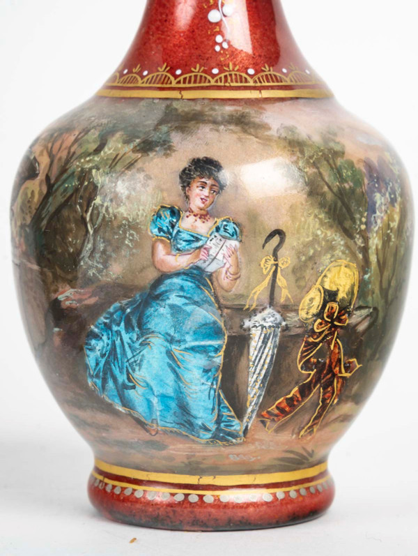 A pair of enamel vases, late 19th century