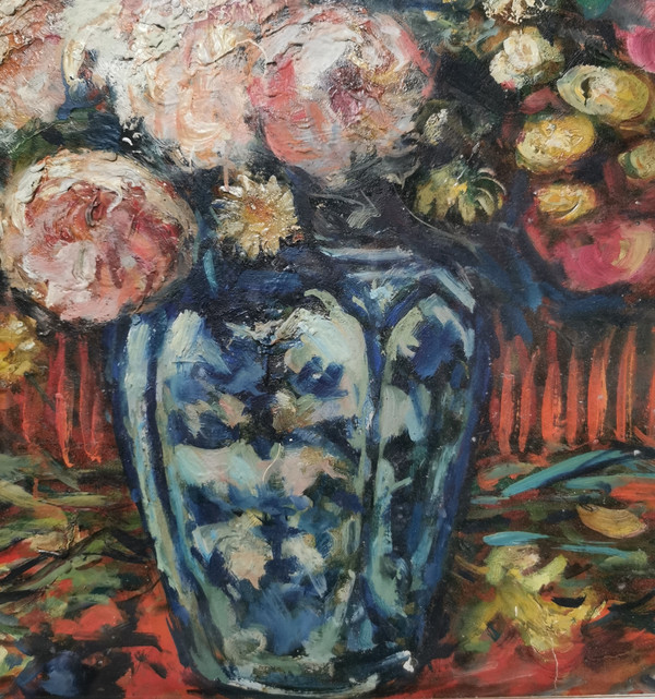 Oil On Paper, Bouquet Of Flowers By Paul Paquereau