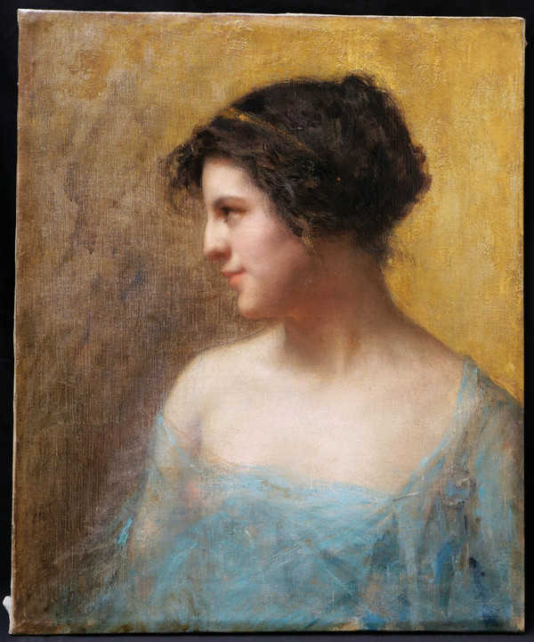 Emmanuel Michel BENNER, known as Many BENNER, Portrait of a brunette woman, in profile, in a blue negligee