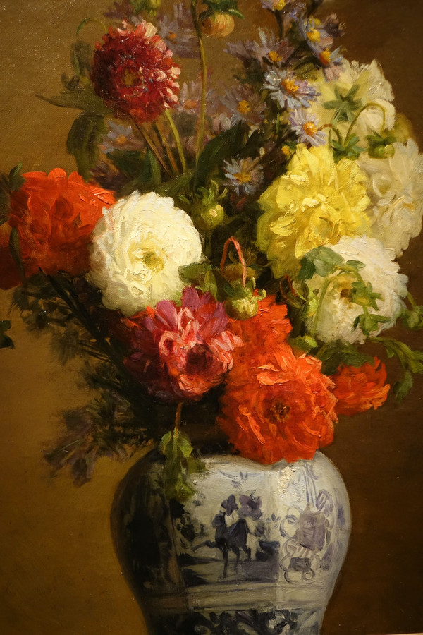 Bouquet De Dahlias Dans Un Vase Japonais, A.melot, 1883