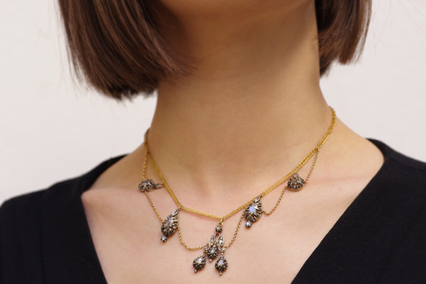 French regional diamond drapery necklace in 18k gold and silver, Antique arlesian necklace