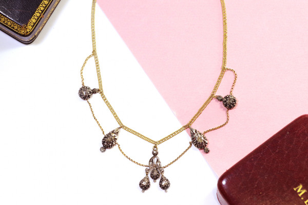 French regional diamond drapery necklace in 18k gold and silver, Antique arlesian necklace