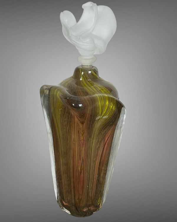 BLOWN GLASS VASE SIGNED "PATRICK LEPAGE" FROSTED GLASS STOPPER 28 CM HIGH