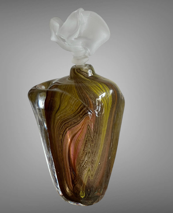 BLOWN GLASS VASE SIGNED "PATRICK LEPAGE" FROSTED GLASS STOPPER 28 CM HIGH