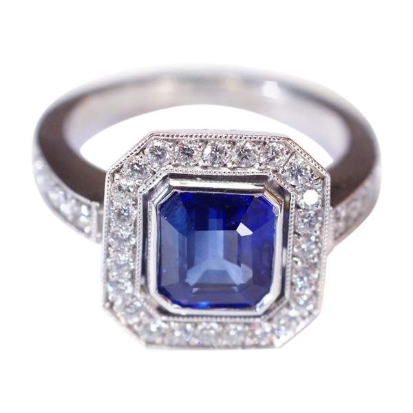 Art Deco style sapphire ring in 18k white gold, pre-owned sapphire ring, natural sapphire