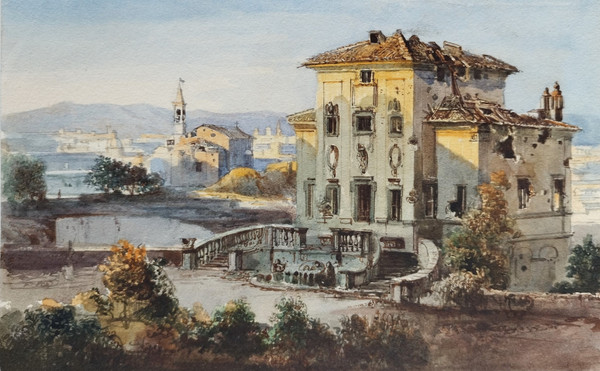 Siege Of Rome 1849 Villa Ruined By Bombs, Watercolor