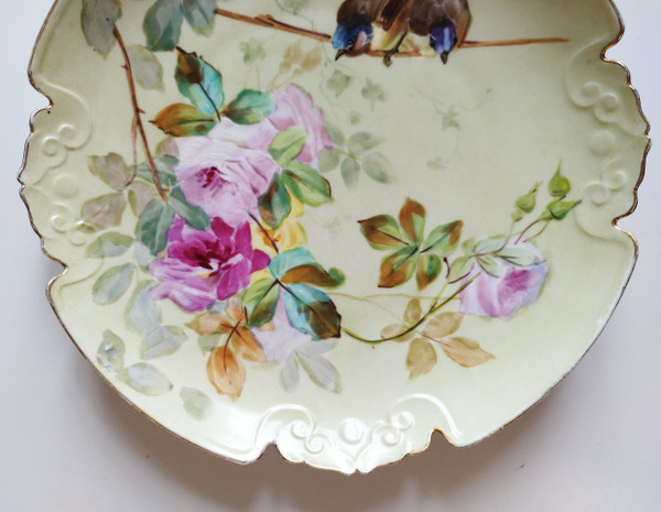 Limoges Hand Painted Porcelain Dish Roses And Birds