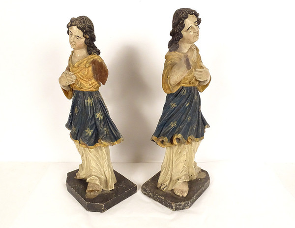 Pair of statues orants angels carved wood polychrome altarpiece 18th century