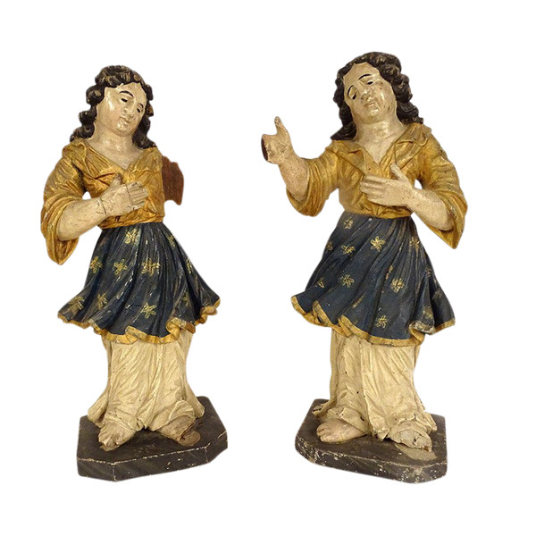 Pair of statues orants angels carved wood polychrome altarpiece 18th century