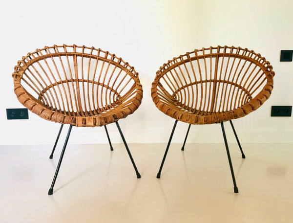 Pair of rattan shell armchairs attributed to Franco Albini , Italy 60s