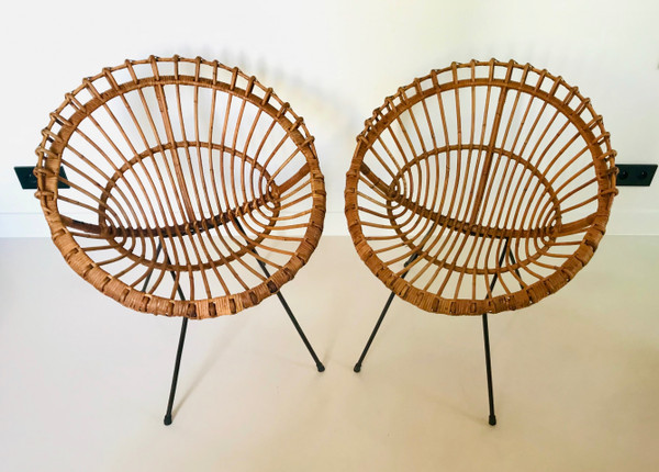 Pair of rattan shell armchairs attributed to Franco Albini , Italy 60s