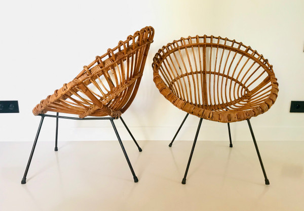 Pair of rattan shell armchairs attributed to Franco Albini , Italy 60s