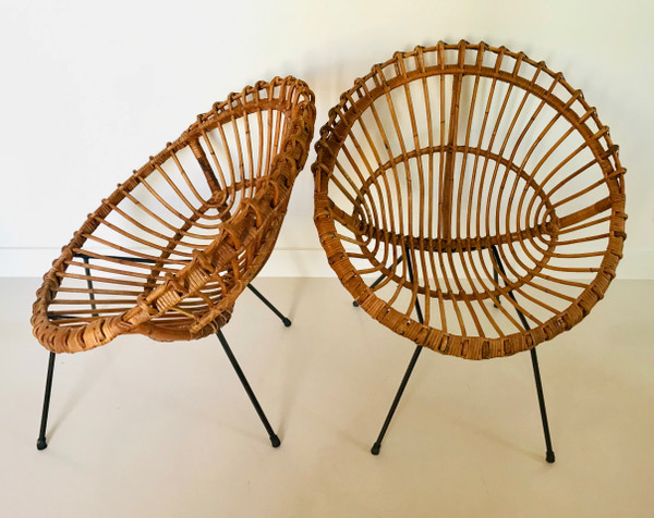 Pair of rattan shell armchairs attributed to Franco Albini , Italy 60s