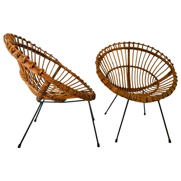 Pair of rattan shell armchairs attributed to Franco Albini , Italy 60s