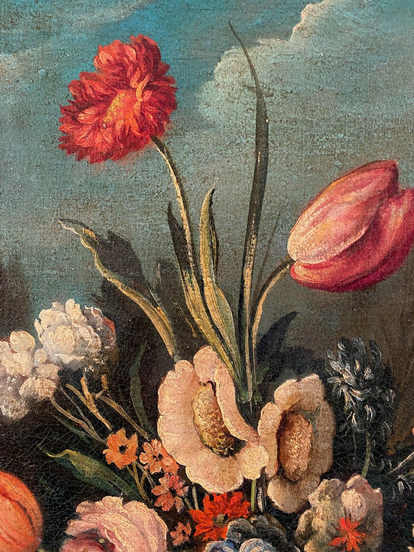 Still life with a bouquet of flowers. 20th century Italian school in the taste of the 17th century, oil on canvas.