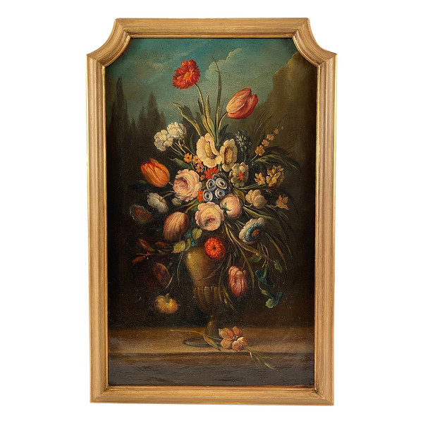 Still life with a bouquet of flowers. 20th century Italian school in the taste of the 17th century, oil on canvas.