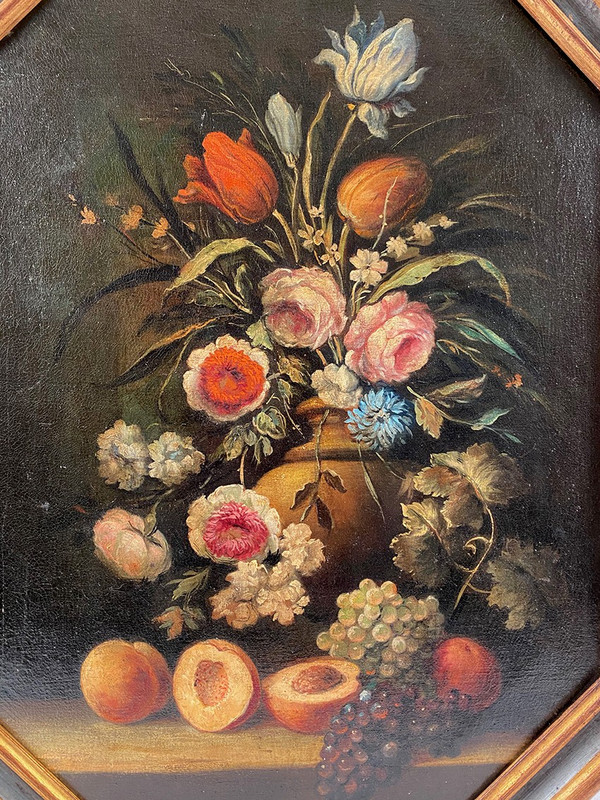 Stillleben mit Blumen und Früchten, italienische Schule des 20. Jahrhunderts im Geiste des 17.