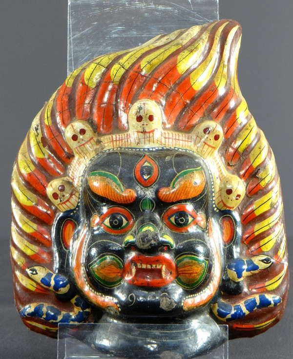 Tibet, First Half 20th Century, Polychrome Boiled Cardboard Mask Depicting Mahakala.