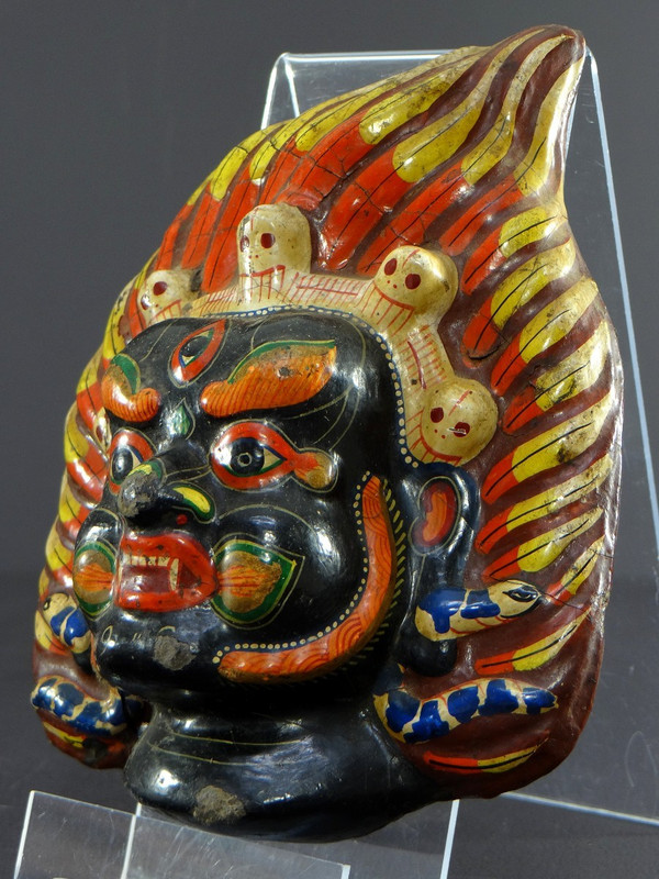 Tibet, First Half 20th Century, Polychrome Boiled Cardboard Mask Depicting Mahakala.