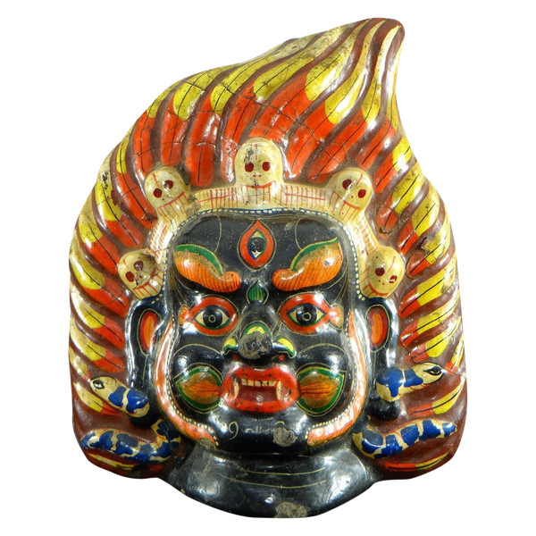 Tibet, First Half 20th Century, Polychrome Boiled Cardboard Mask Depicting Mahakala.