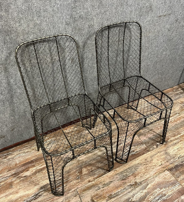 pair of industrial design chairs in wrought iron circa 1980