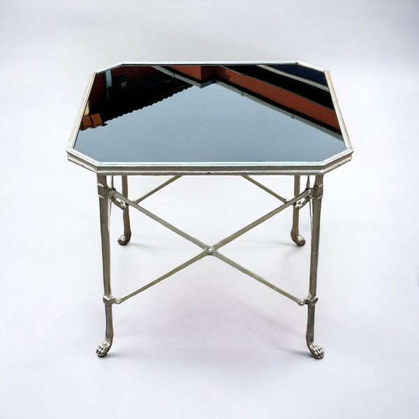  Neoclassical Silvered Bronze And Black Opaline Sofa End Table Circa 1970