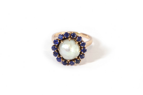 Sapphire pearl cocktail ring in 18k gold, cocktail ring, Retro gold ring, big pearl ring, big ring