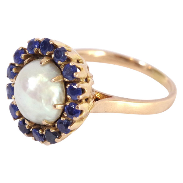 Sapphire pearl cocktail ring in 18k gold, cocktail ring, Retro gold ring, big pearl ring, big ring