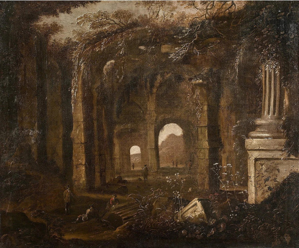 Abraham Van Cuylenborch - Lively scene in a ruined ancient temple