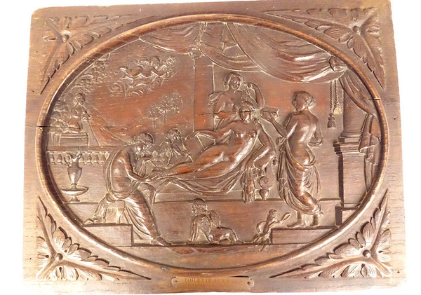 Coppia di Pannelli in Legno Intagliato Toilette Nascita Venere De Vinci Servet XX