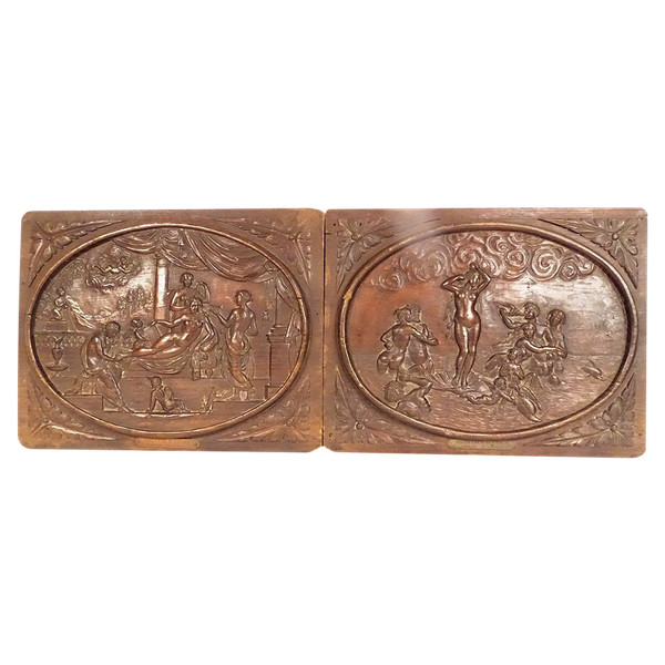 Coppia di Pannelli in Legno Intagliato Toilette Nascita Venere De Vinci Servet XX