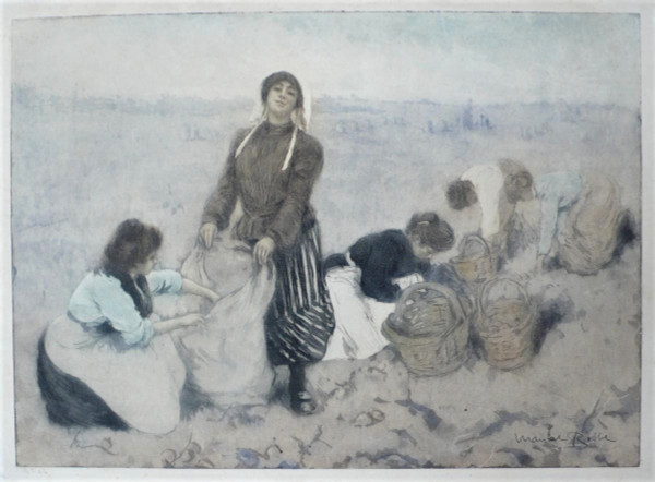 Manuel Robbe Potato Pickers Aquatint Color 20th C Old Print