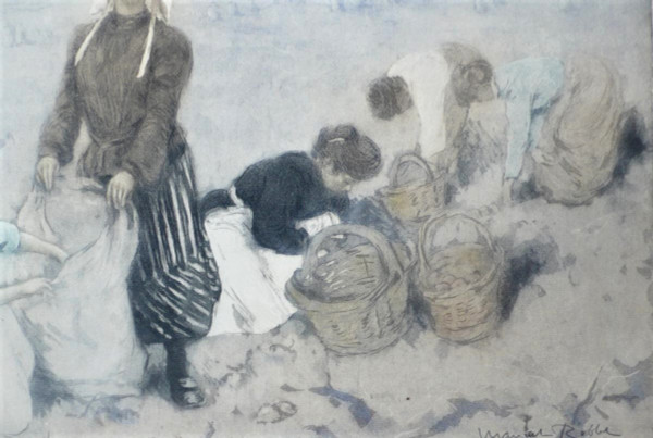 Manuel Robbe Potato Pickers Aquatint Color 20th C Old Print