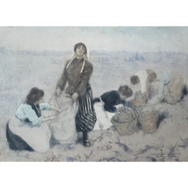 Manuel Robbe Potato Pickers Aquatint Color 20th C Old Print