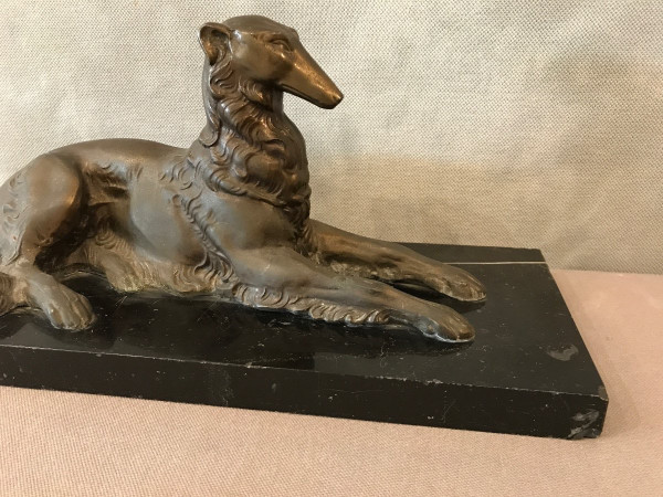 Greyhound dog in spelter on black marble base circa 1900