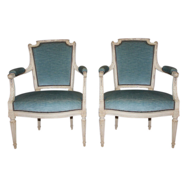 Paire De Fauteuils De Style Louis XVI En Noyer Laqué Blanc Vers 1900